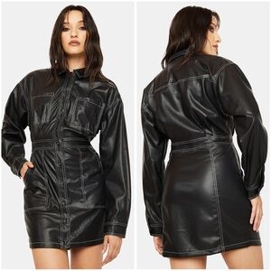 Emory Park Black Not Easily Amused Vegan Leather Mini Shirt Dress Size Small